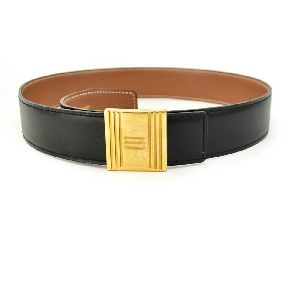 HERMES: Black/Brown, Leather & Gold "H" Buckle Belt fits 25" to 28" (wb)